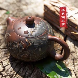 坭兴陶工坊 广西钦州纯手工雕刻西施坭兴陶茶壶 厂家直销名家壶