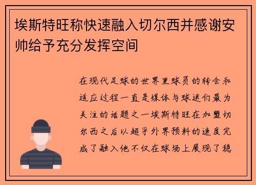 埃斯特旺称快速融入切尔西并感谢安帅给予充分发挥空间